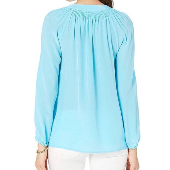 Lilly Pulitzer Elsa Silk Top Blouse Long Sleeve Smocked Neck Bali Blue Size XL - Picture 3 of 14
